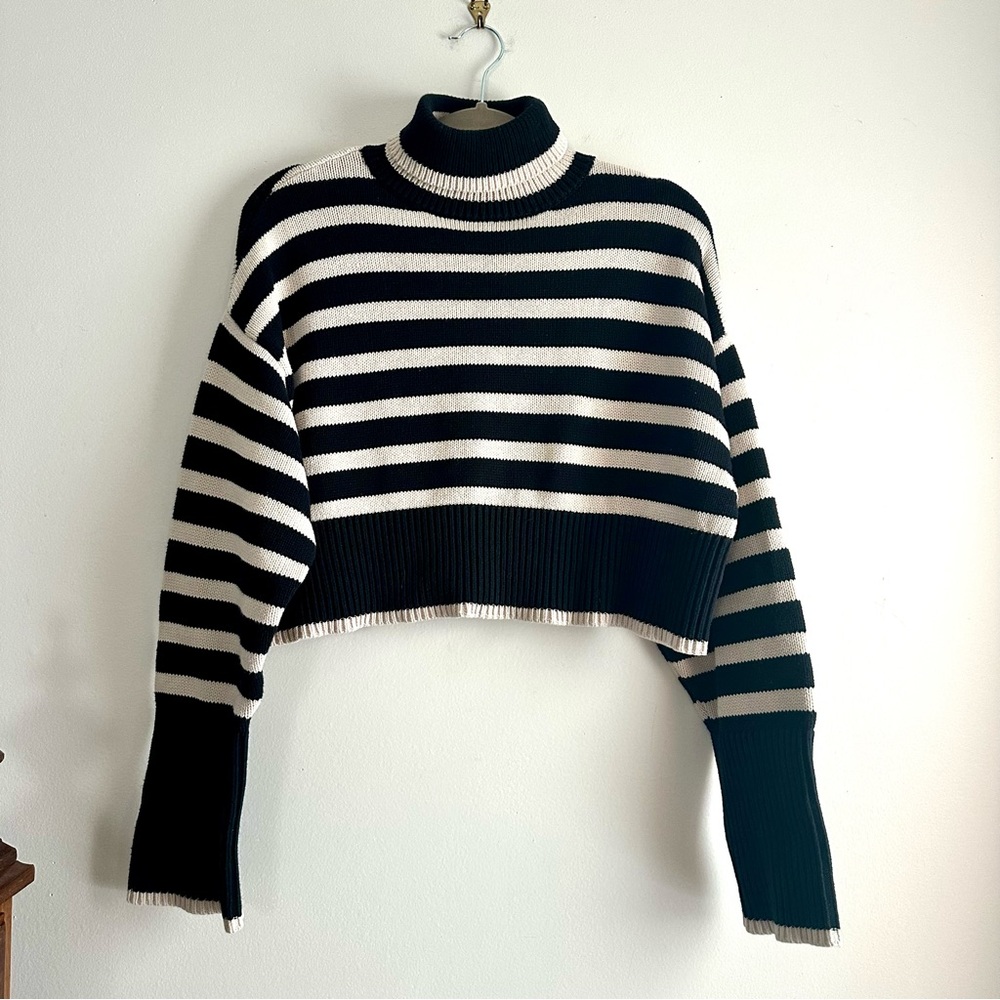 Denimist Cropped Sailor‎ Stripe Turtleneck Sweater in Black/Tan